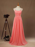 Vestido de dama de honor de gasa con escote redondo, tirantes finos y fruncido, largo hasta el suelo 