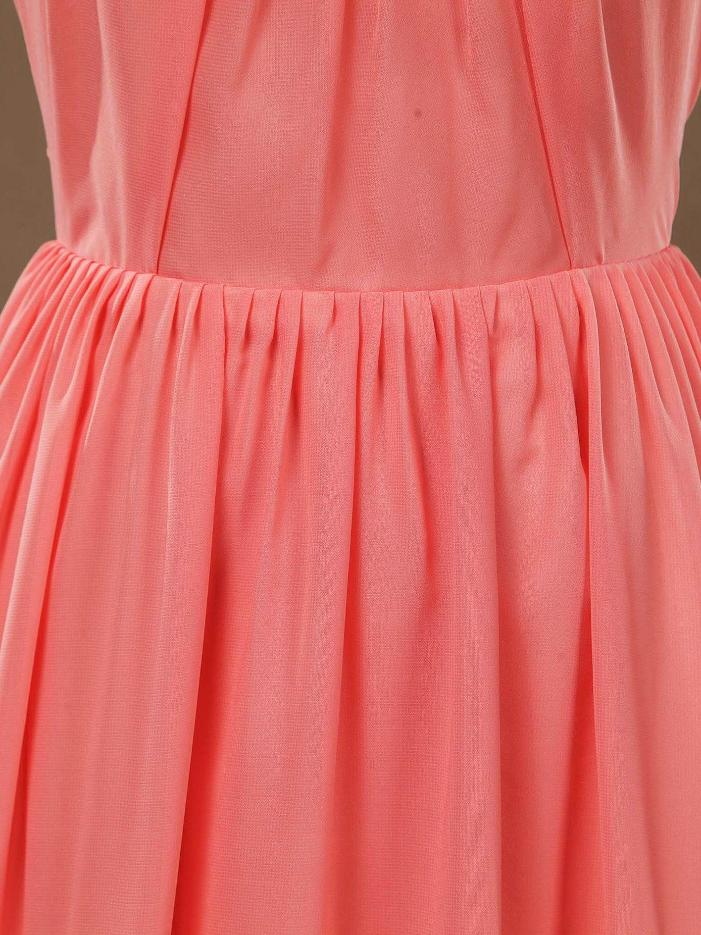 Vestido de dama de honor de gasa con escote redondo, tirantes finos y fruncido, largo hasta el suelo 