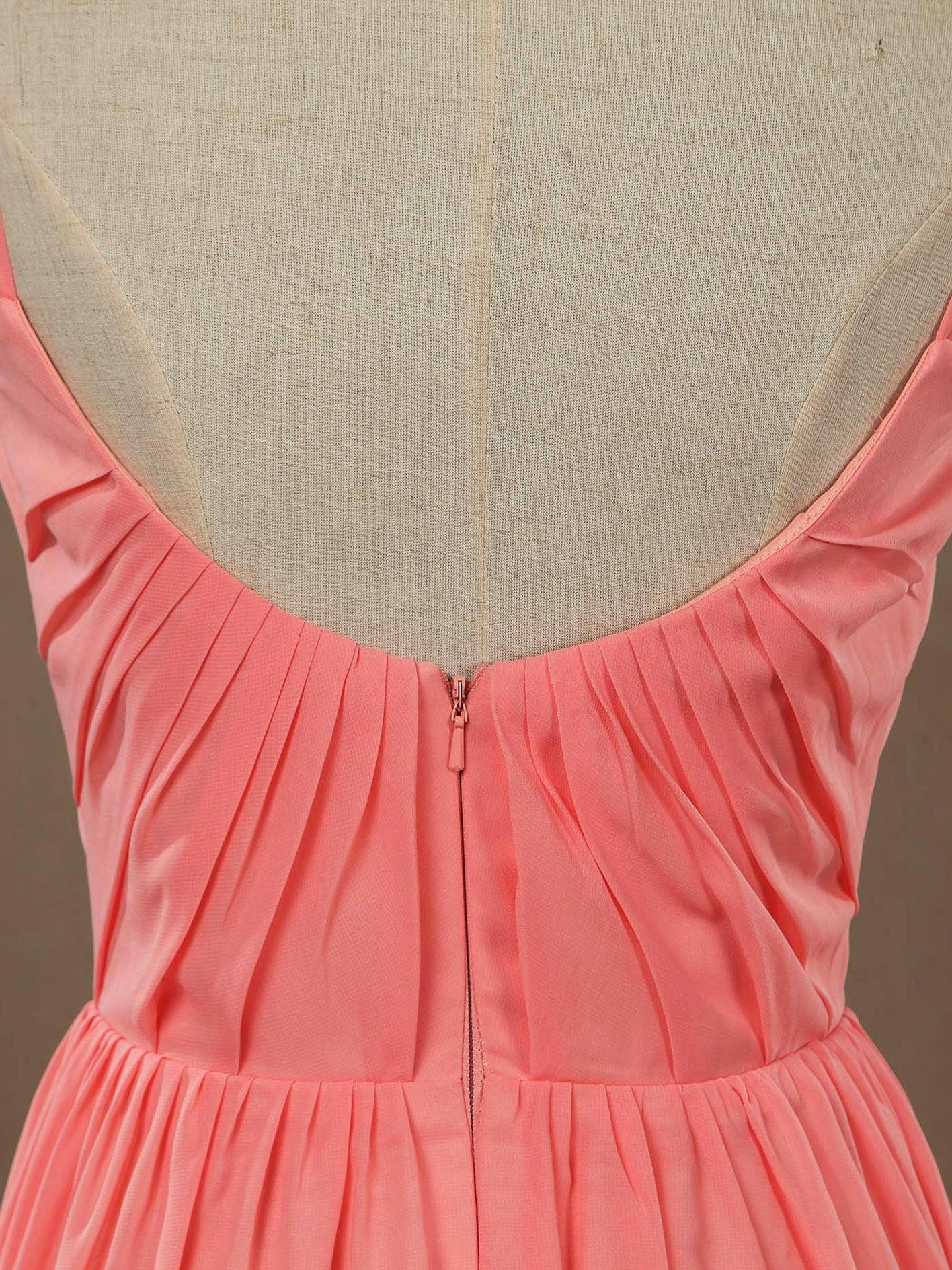 Vestido de dama de honor de gasa con escote redondo, tirantes finos y fruncido, largo hasta el suelo 