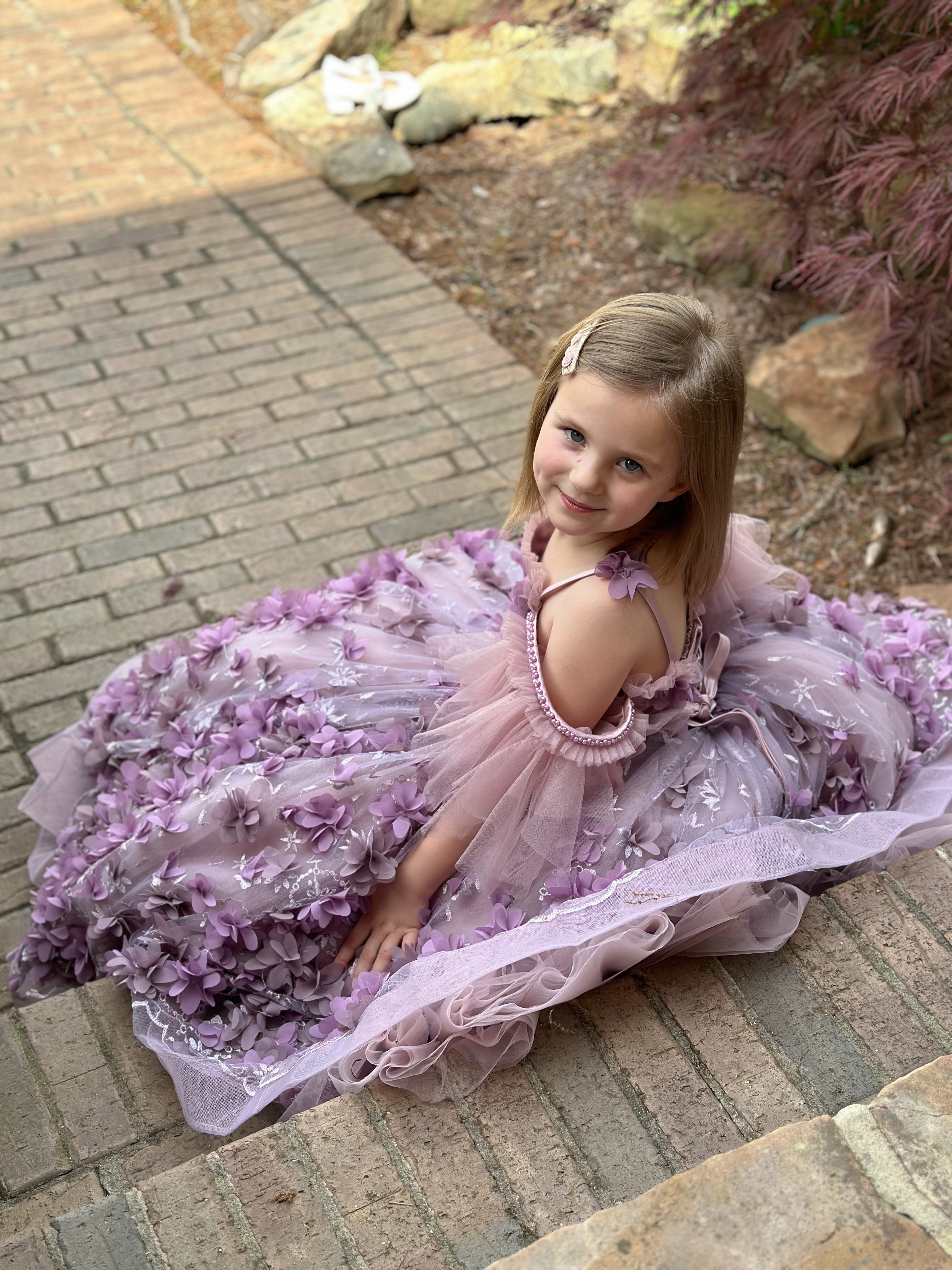 Vestido de gala/de princesa con tul y flores en 3D hasta el suelo 