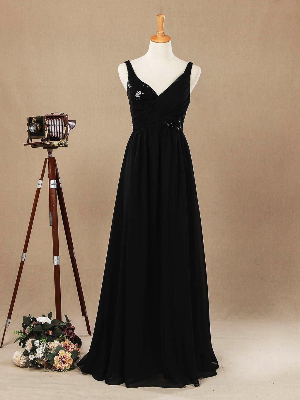 Vestido de dama de honor de gasa con lentejuelas, escote en V, largo hasta el suelo y fruncido, con pliegues 