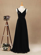 Vestido de dama de honor de gasa con lentejuelas, escote en V, largo hasta el suelo y fruncido, con pliegues 