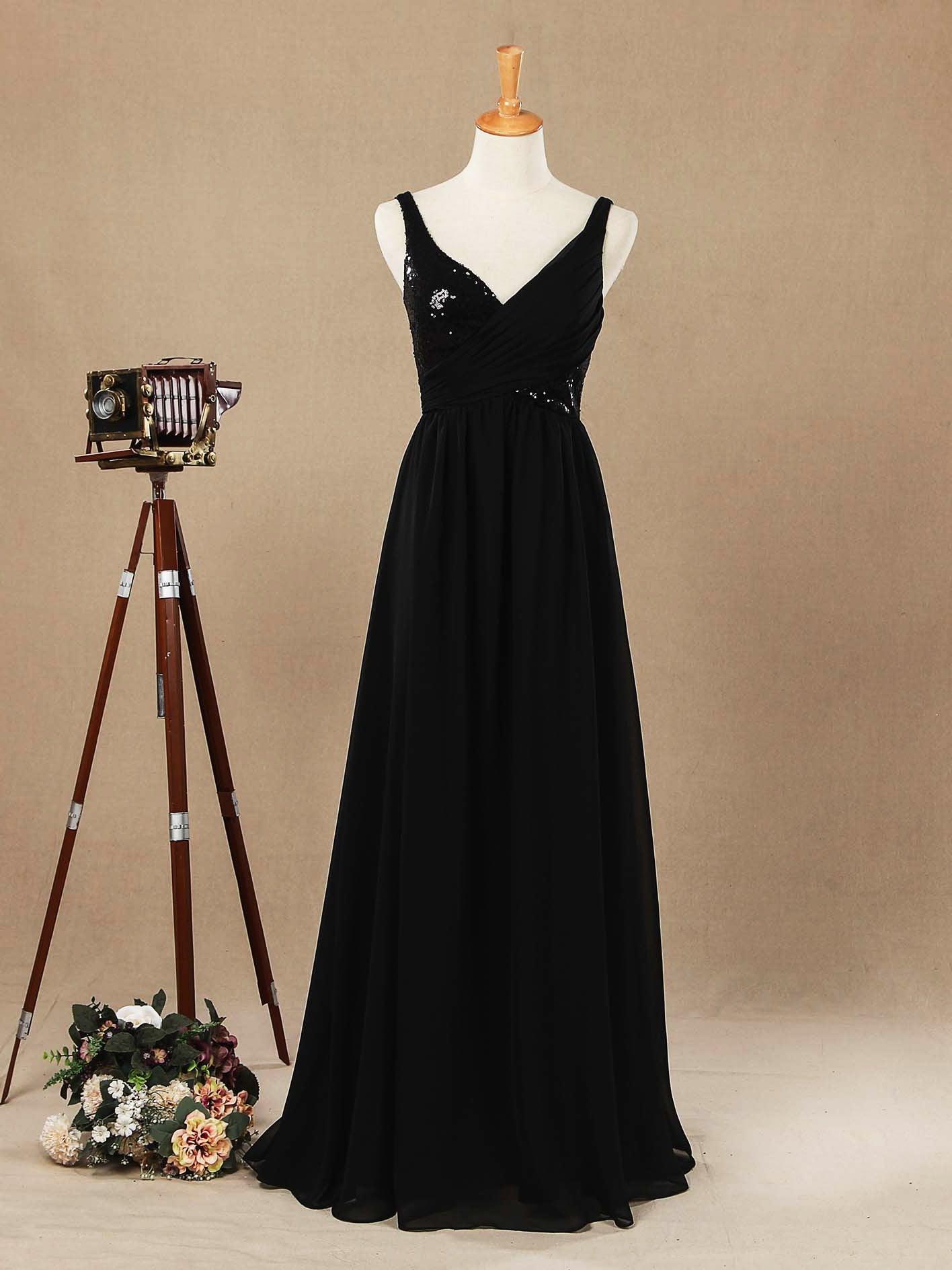 Vestido de dama de honor de gasa con lentejuelas, escote en V, largo hasta el suelo y fruncido, con pliegues 