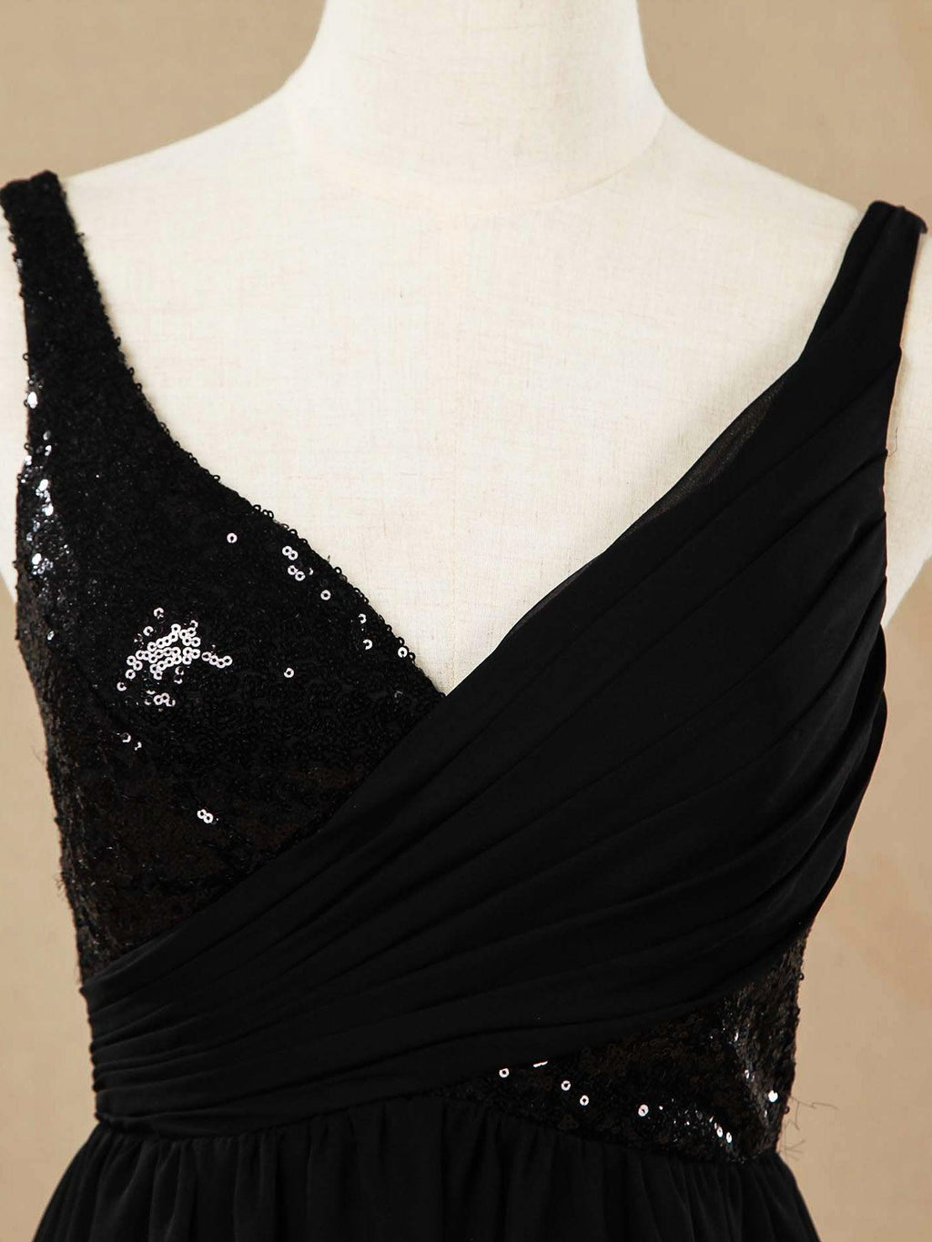 Vestido de dama de honor de gasa con lentejuelas, escote en V, largo hasta el suelo y fruncido, con pliegues 