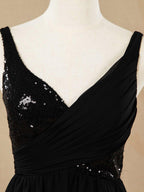 Vestido de dama de honor de gasa con lentejuelas, escote en V, largo hasta el suelo y fruncido, con pliegues 