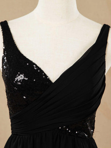 A-Line V-neck Floor Length Chiffon match Sequins Bridesmaid Dress with Ruching Pleats