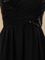 Vestido de dama de honor de gasa con lentejuelas, escote en V, largo hasta el suelo y fruncido, con pliegues 
