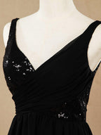 Vestido de dama de honor de gasa con lentejuelas, escote en V, largo hasta el suelo y fruncido, con pliegues 