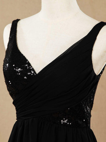 A-Line V-neck Floor Length Chiffon match Sequins Bridesmaid Dress with Ruching Pleats