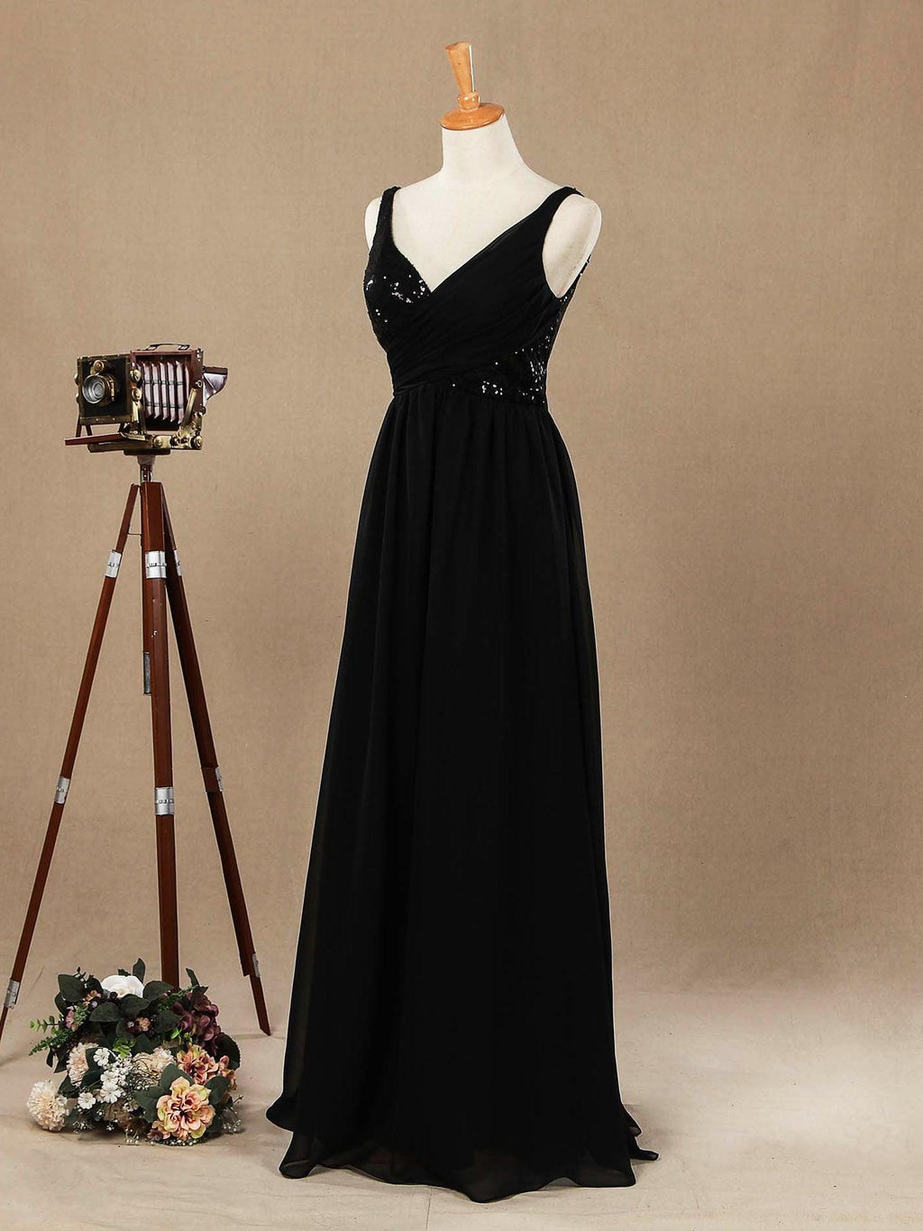 Vestido de dama de honor de gasa con lentejuelas, escote en V, largo hasta el suelo y fruncido, con pliegues 