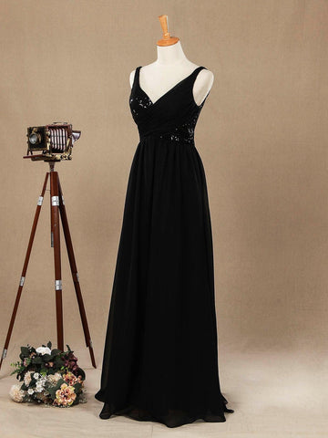 A-Line V-neck Floor Length Chiffon match Sequins Bridesmaid Dress with Ruching Pleats