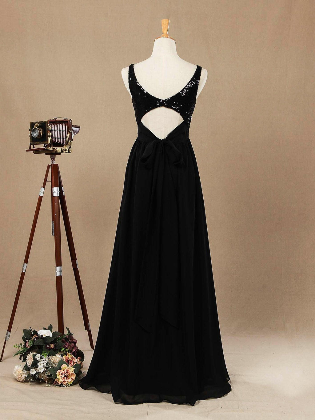 Vestido de dama de honor de gasa con lentejuelas, escote en V, largo hasta el suelo y fruncido, con pliegues 