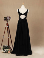 Vestido de dama de honor de gasa con lentejuelas, escote en V, largo hasta el suelo y fruncido, con pliegues 