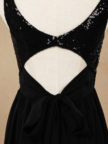 A-Line V-neck Floor Length Chiffon match Sequins Bridesmaid Dress with Ruching Pleats