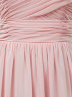 Vestido de dama de honor de gasa con encaje, escote joya, largo hasta el suelo, corte A y pliegues fruncidos 