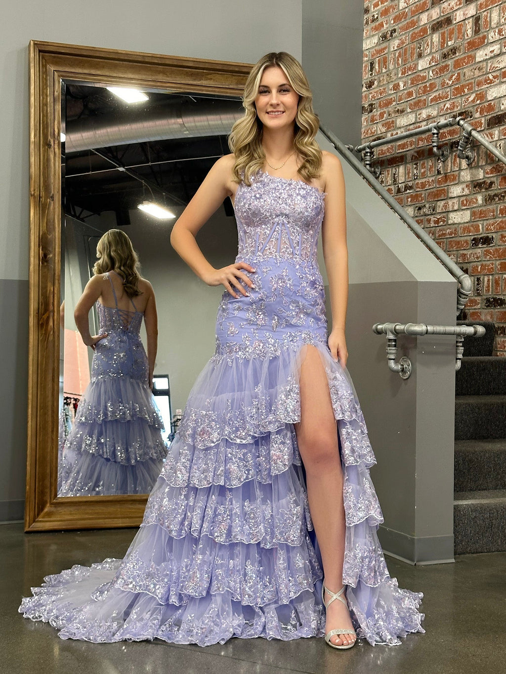 Sheath One Shoulder Tiered Lace Long Prom Dress