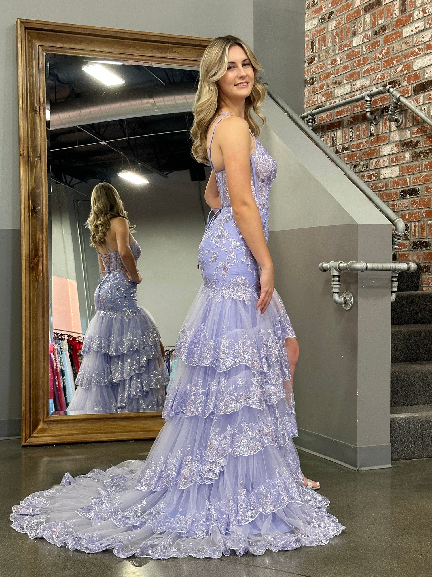 Sheath One Shoulder Tiered Lace Long Prom Dress
