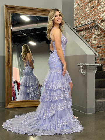 Vestido largo de fiesta de encaje con un solo hombro y volantes