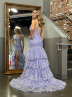 Sheath One Shoulder Tiered Lace Long Prom Dress