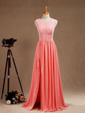 Vestido de noche formal de fiesta con abertura, corte A, escote joya, largo hasta el suelo, de gasa a juego con encaje 