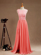 Vestido de noche formal de fiesta con abertura, corte A, escote joya, largo hasta el suelo, de gasa a juego con encaje 