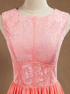 Vestido de noche formal de fiesta con abertura, corte A, escote joya, largo hasta el suelo, de gasa a juego con encaje 