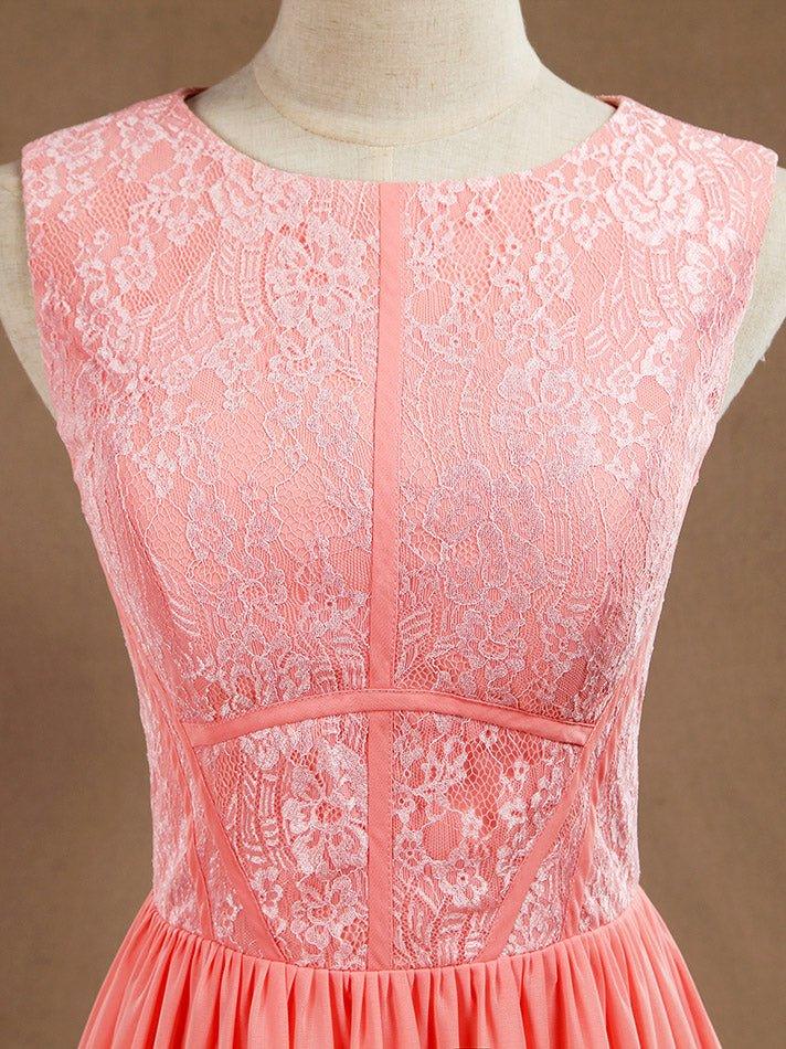 Vestido de noche formal de fiesta con abertura, corte A, escote joya, largo hasta el suelo, de gasa a juego con encaje 