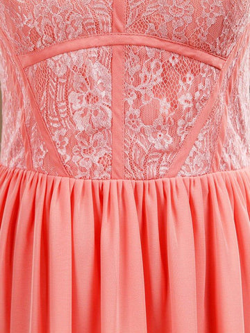 Robe de soirée trapèze en mousseline de soie, longueur au sol, col bijou, dentelle, avec fente 