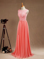 Vestido de noche formal de fiesta con abertura, corte A, escote joya, largo hasta el suelo, de gasa a juego con encaje 