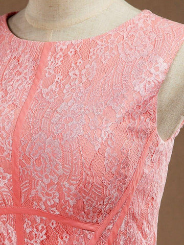 Robe de soirée trapèze en mousseline de soie, longueur au sol, col bijou, dentelle, avec fente 