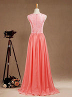 Vestido de noche formal de fiesta con abertura, corte A, escote joya, largo hasta el suelo, de gasa a juego con encaje 