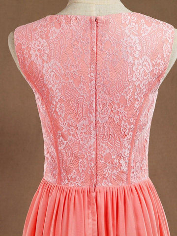 Robe de soirée trapèze en mousseline de soie, longueur au sol, col bijou, dentelle, avec fente 