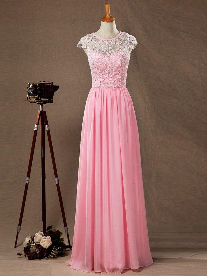 Vestido de dama de honor corte A/princesa, de gasa a juego con encaje, escote redondo y mangas cortas 