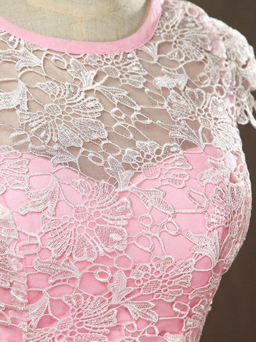 Robe de demoiselle d'honneur trapèze/princesse en mousseline de soie, col rond, manches courtes et dentelle assortie 