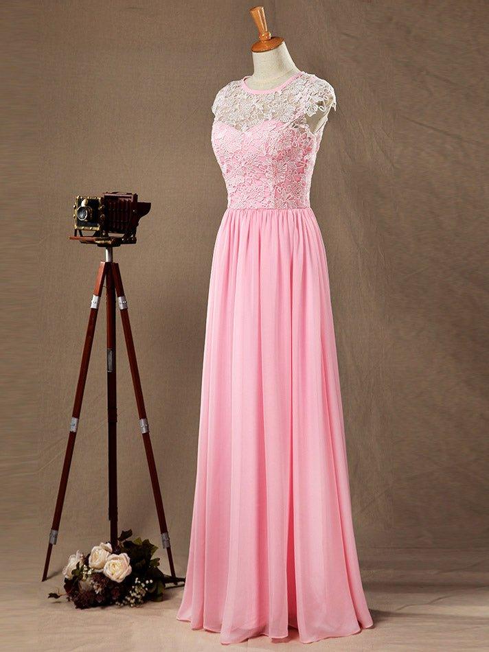 Vestido de dama de honor corte A/princesa, de gasa a juego con encaje, escote redondo y mangas cortas 