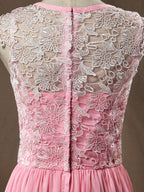 Vestido de dama de honor corte A/princesa, de gasa a juego con encaje, escote redondo y mangas cortas 