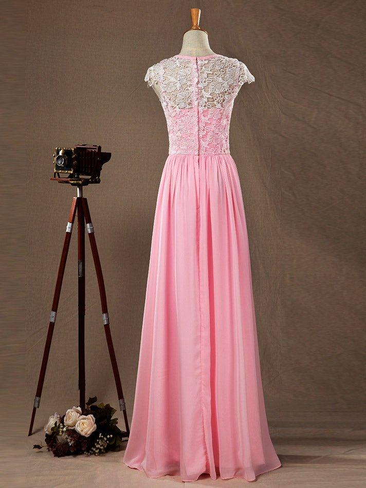 Vestido de dama de honor corte A/princesa, de gasa a juego con encaje, escote redondo y mangas cortas 