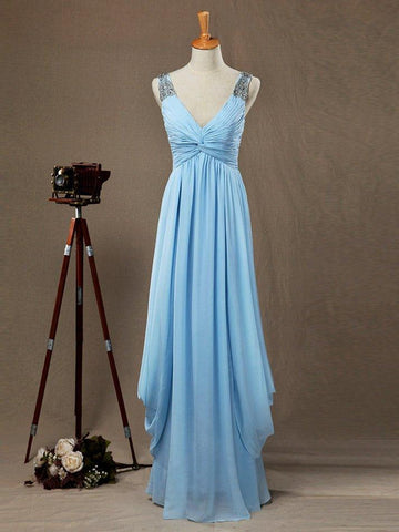 Baoleely Sheath / Column V-neck Floor Length Chiffon Prom Evening Dress with Side Draping Criss Cross Beading