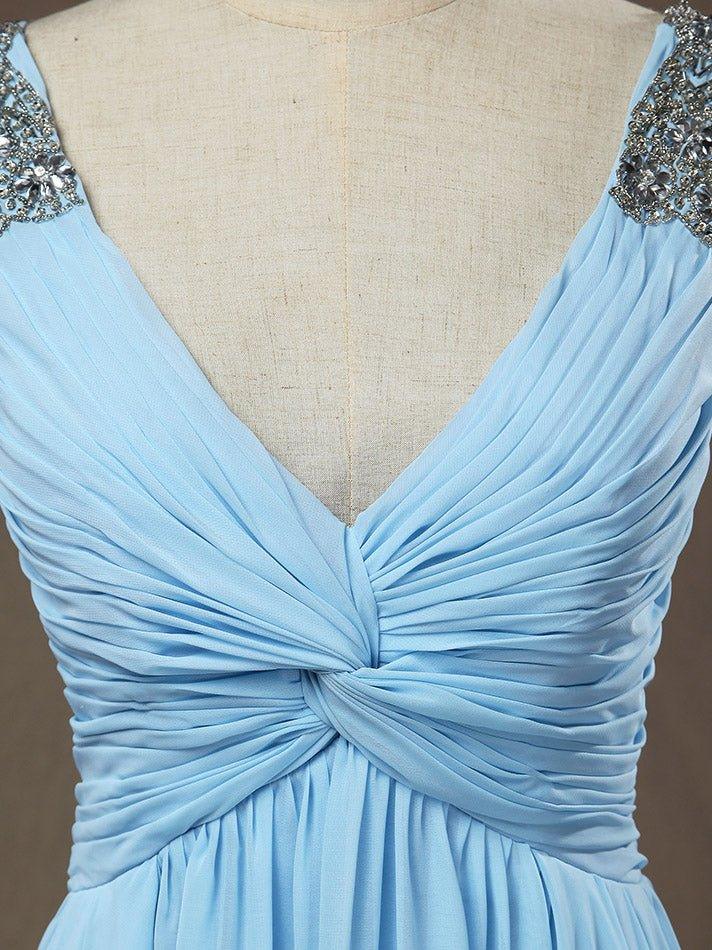 Robe de soirée longue en mousseline de soie, coupe fourreau/colonne, col en V, avec drapé latéral et perles croisées 