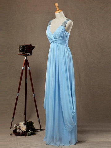 Baoleely Sheath / Column V-neck Floor Length Chiffon Prom Evening Dress with Side Draping Criss Cross Beading