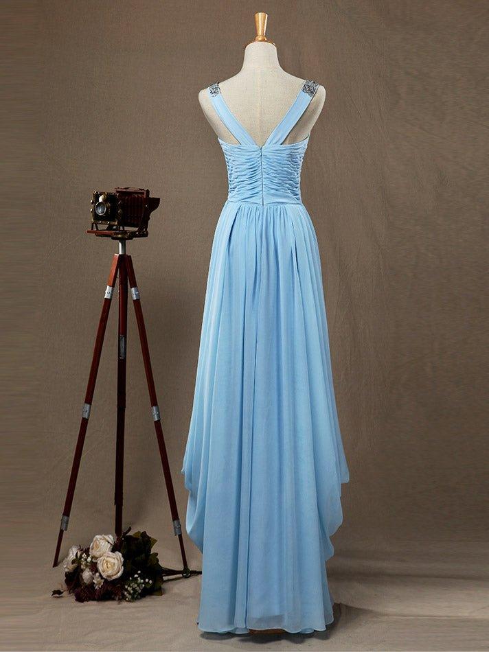 Robe de soirée longue en mousseline de soie, coupe fourreau/colonne, col en V, avec drapé latéral et perles croisées 