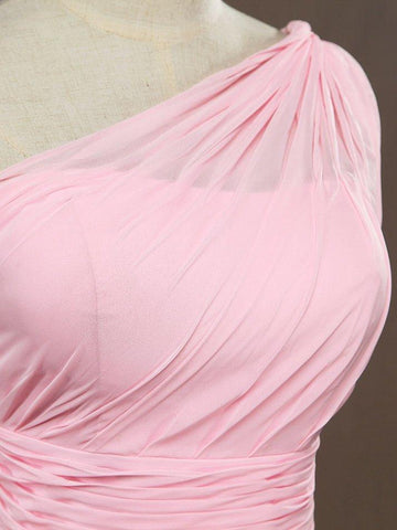 Vestido de dama de honor de gasa con corte en A, un hombro, largo hasta el suelo, con cinturón ancho y vestidos de fiesta 