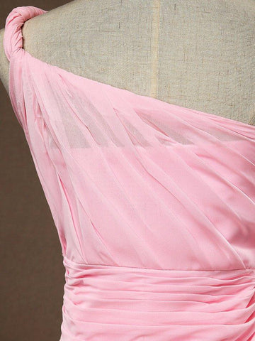 Vestido de dama de honor de gasa con corte en A, un hombro, largo hasta el suelo, con cinturón ancho y vestidos de fiesta 