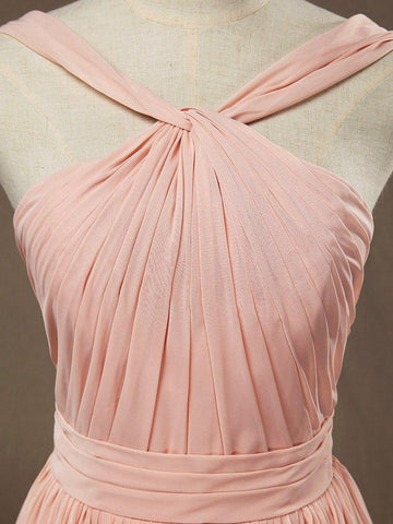 Vestido de dama de honor de gasa, corte A, princesa, tirantes dobles, cuello halter, largo hasta el suelo 