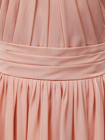 Vestido de dama de honor de gasa, corte A, princesa, tirantes dobles, cuello halter, largo hasta el suelo 