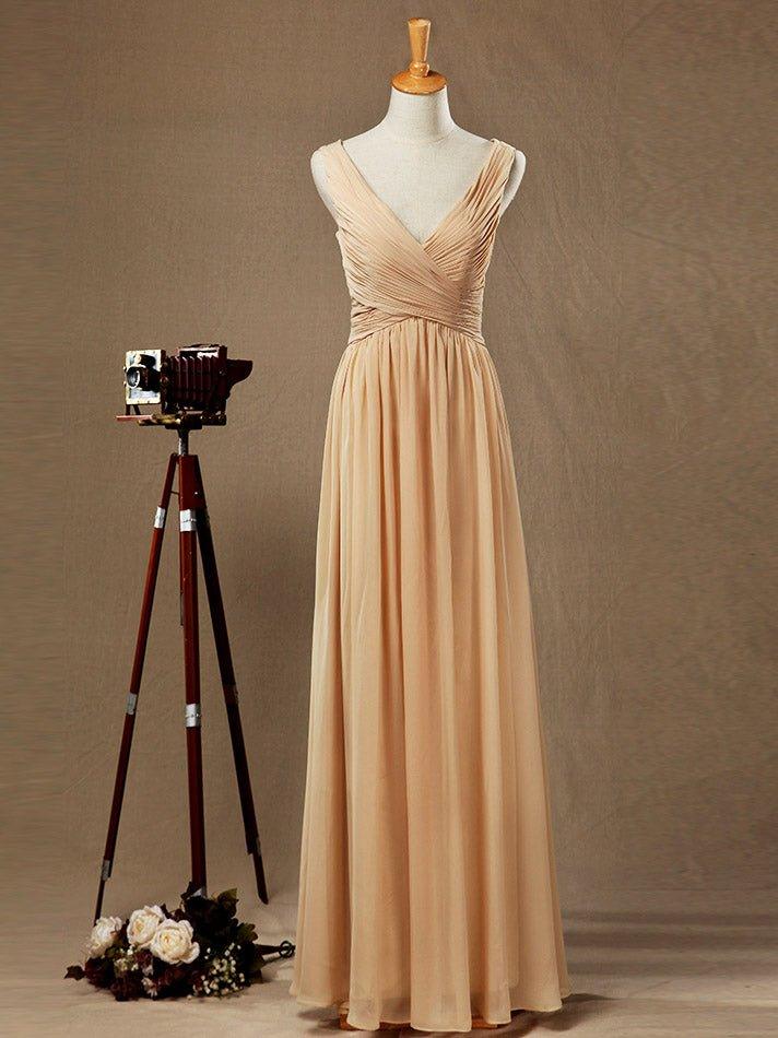 Vestido de dama de honor de gasa con corte princesa, escote en V, largo hasta el suelo y pliegues fruncidos entrecruzados 