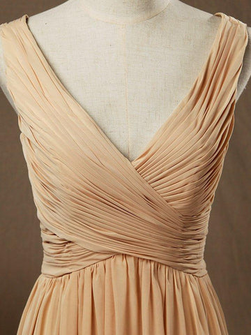 Vestido de dama de honor de gasa con corte princesa, escote en V, largo hasta el suelo y pliegues fruncidos entrecruzados 
