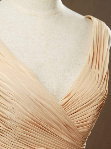 Vestido de dama de honor de gasa con corte princesa, escote en V, largo hasta el suelo y pliegues fruncidos entrecruzados 