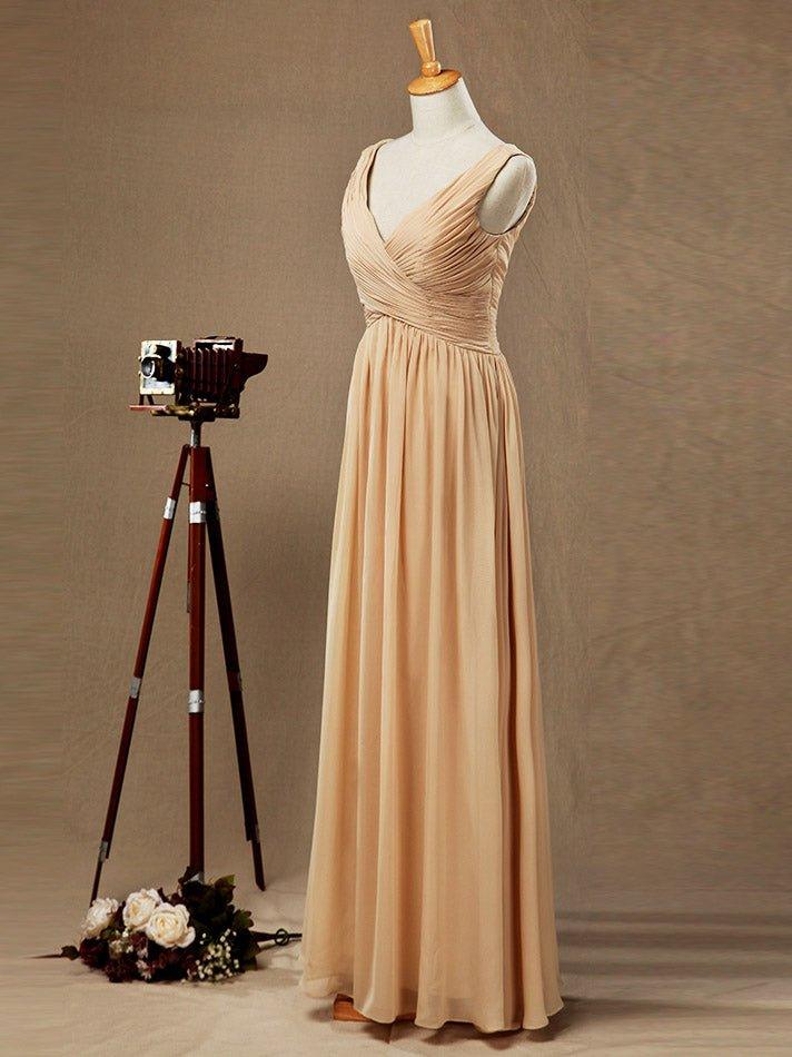 Vestido de dama de honor de gasa con corte princesa, escote en V, largo hasta el suelo y pliegues fruncidos entrecruzados 