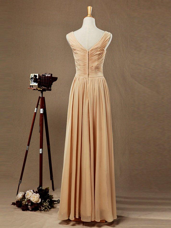 Vestido de dama de honor de gasa con corte princesa, escote en V, largo hasta el suelo y pliegues fruncidos entrecruzados 